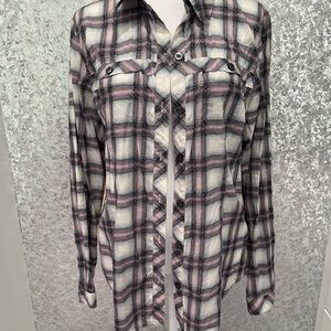 CAbi Plaid & Floral Print Blouse with Navy and Pink Accents Size Medium